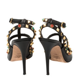 Pre Owned Valentino Leather Rolling Rockstud Ankle Strap Sandals Size 38.5 