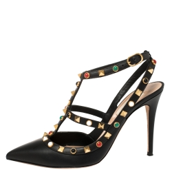 Pre Owned Valentino Leather Rolling Rockstud Ankle Strap Sandals Size 38.5 