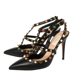 Pre Owned Valentino Leather Rolling Rockstud Ankle Strap Sandals Size 38.5 