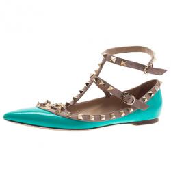 Pre Owned حذاء فلات فالينتينو باليرينا جلد تركواز مرصع مقاس 37.5