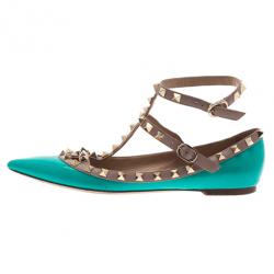 Pre Owned حذاء فلات فالينتينو باليرينا جلد تركواز مرصع مقاس 37.5