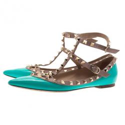 Pre Owned حذاء فلات فالينتينو باليرينا جلد تركواز مرصع مقاس 37.5