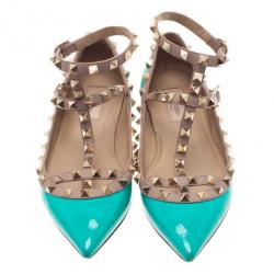 Pre Owned حذاء فلات فالينتينو باليرينا جلد تركواز مرصع مقاس 37.5