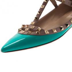 Pre Owned حذاء فلات فالينتينو باليرينا جلد تركواز مرصع مقاس 37.5