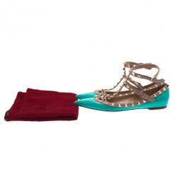 Pre Owned حذاء فلات فالينتينو باليرينا جلد تركواز مرصع مقاس 37.5