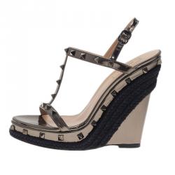 Valentino Grey Metallic Rockstud T Strap Espadrille Wedges Size 40