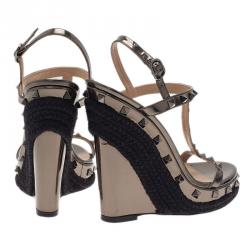 Pre Owned Valentino Grey Metallic Rockstud T Strap Espadrille Wedges Size 40