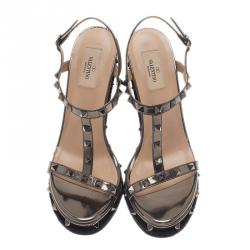 Pre Owned Valentino Grey Metallic Rockstud T Strap Espadrille Wedges Size 40