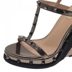 Pre Owned Valentino Grey Metallic Rockstud T Strap Espadrille Wedges Size 40