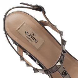 Pre Owned Valentino Grey Metallic Rockstud T Strap Espadrille Wedges Size 40