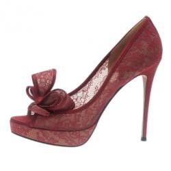Pre Owned Valentino Red Couture Bow Lace Platform Pumps Size 38.5