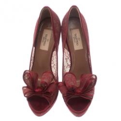 Pre Owned Valentino Red Couture Bow Lace Platform Pumps Size 38.5