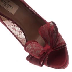 Pre Owned Valentino Red Couture Bow Lace Platform Pumps Size 38.5