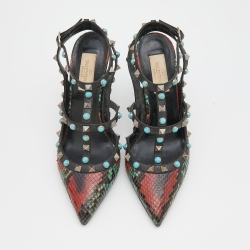 Pre Owned Valentino Multicolor Python and Leather Rolling Rockstud Ankle Strap Pumps 37