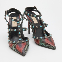 Pre Owned Valentino Multicolor Python and Leather Rolling Rockstud Ankle Strap Pumps 37
