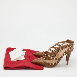 Pre Owned Valentino Brown Leather Rockstud Ankle Strap Pumps Size 38