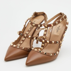 Pre Owned Valentino Brown Leather Rockstud Ankle Strap Pumps Size 38