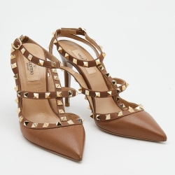 Pre Owned Valentino Brown Leather Rockstud Ankle Strap Pumps Size 38