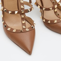 Pre Owned Valentino Brown Leather Rockstud Ankle Strap Pumps Size 38