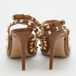 Pre Owned Valentino Brown Leather Rockstud Ankle Strap Pumps Size 38