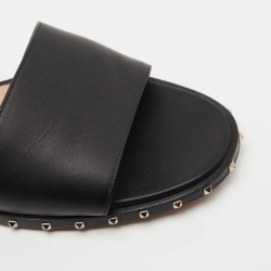 Pre Owned Valentino Black Leather Rockstud Ankle Strap Flat Sandals Size 38