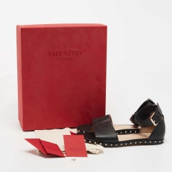 Pre Owned Valentino Black Leather Rockstud Ankle Strap Flat Sandals Size 38