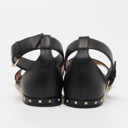Pre Owned Valentino Black Leather Rockstud Ankle Strap Flat Sandals Size 38