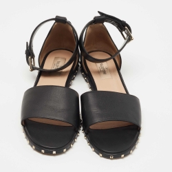 Pre Owned Valentino Black Leather Rockstud Ankle Strap Flat Sandals Size 38