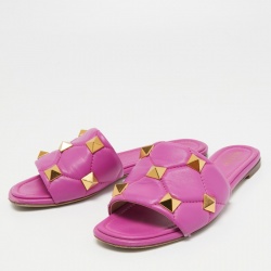 Pre Owned Valentino Purple Leather Roman Stud Flat Slides Size 38.5