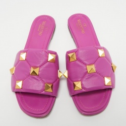 Pre Owned Valentino Purple Leather Roman Stud Flat Slides Size 38.5