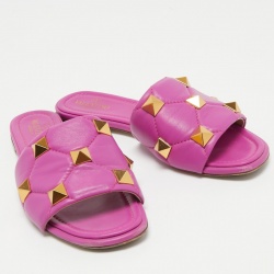 Pre Owned Valentino Purple Leather Roman Stud Flat Slides Size 38.5