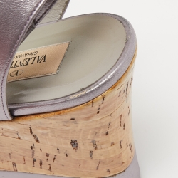 Pre Owned Valentino Metallic Silver Leather Cork Wedge Sandals Size 39.5