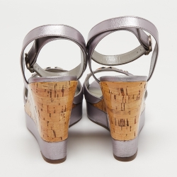 Pre Owned Valentino Metallic Silver Leather Cork Wedge Sandals Size 39.5