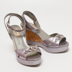 Pre Owned Valentino Metallic Silver Leather Cork Wedge Sandals Size 39.5