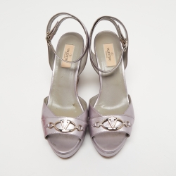 Pre Owned Valentino Metallic Silver Leather Cork Wedge Sandals Size 39.5