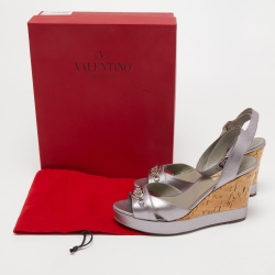 Pre Owned Valentino Metallic Silver Leather Cork Wedge Sandals Size 39.5