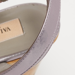 Pre Owned Valentino Metallic Silver Leather Cork Wedge Sandals Size 39.5