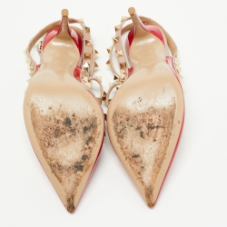 Pre Owned Valentino Red Patent Leather Rockstud Ankle Strap Pumps Size 38