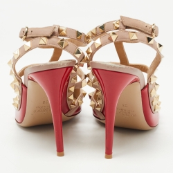 Pre Owned Valentino Red Patent Leather Rockstud Ankle Strap Pumps Size 38