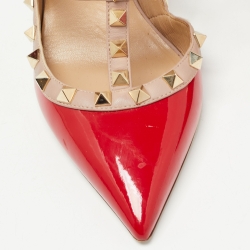 Pre Owned Valentino Red Patent Leather Rockstud Ankle Strap Pumps Size 38