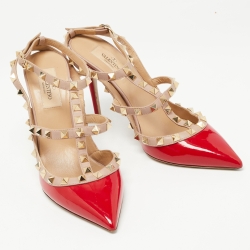 Pre Owned Valentino Red Patent Leather Rockstud Ankle Strap Pumps Size 38