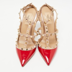 Pre Owned Valentino Red Patent Leather Rockstud Ankle Strap Pumps Size 38