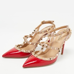 Pre Owned Valentino Red Patent Leather Rockstud Ankle Strap Pumps Size 38