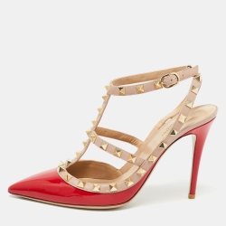 Pre Owned Valentino Red Patent Leather Rockstud Ankle Strap Pumps Size 38