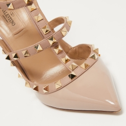 Pre Owned Valentino Beige Patent and Leather Rockstud Ankle Strap Pumps Size 39