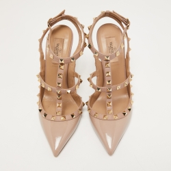 Pre Owned Valentino Beige Patent and Leather Rockstud Ankle Strap Pumps Size 39