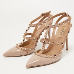 Pre Owned Valentino Beige Patent and Leather Rockstud Ankle Strap Pumps Size 39