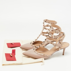 Pre Owned Valentino Beige Leather Rockstud Ankle Strap Pumps Size 40