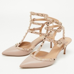 Pre Owned Valentino Beige Leather Rockstud Ankle Strap Pumps Size 40