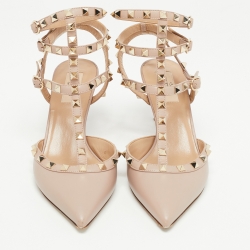 Pre Owned Valentino Beige Leather Rockstud Ankle Strap Pumps Size 40
